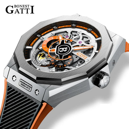 BONEST GATTI BG7601 Men's Automatic Mechanical Watch Sapphire Crystal Waterproof Luminous Rubber Strap Wristwatch