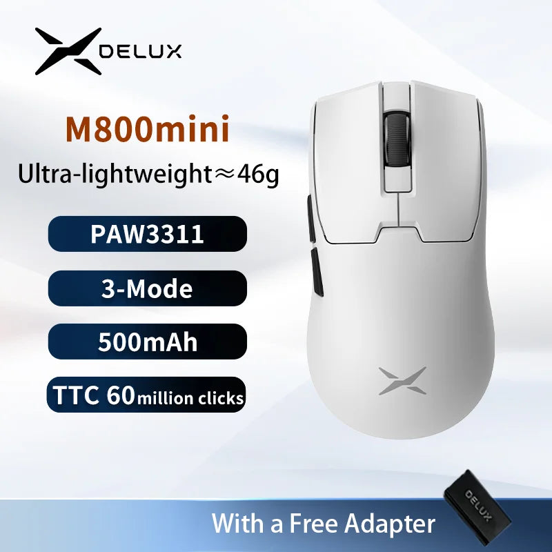 Безжична геймърска мишка Delux M800mini, ултралека 46g, PAW3395/PAW3311, 1KHz честота на опресняване, за PC геймъри с малка до средна ръка