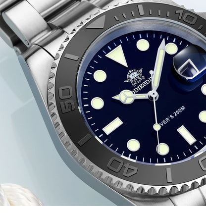 ADDIESDIVE Men's Quartz Watch 200m Waterproof Ceramic Bezel Steel Watch Magnifying Mirror Glass BGW9 Blue Luminous Diving Watch