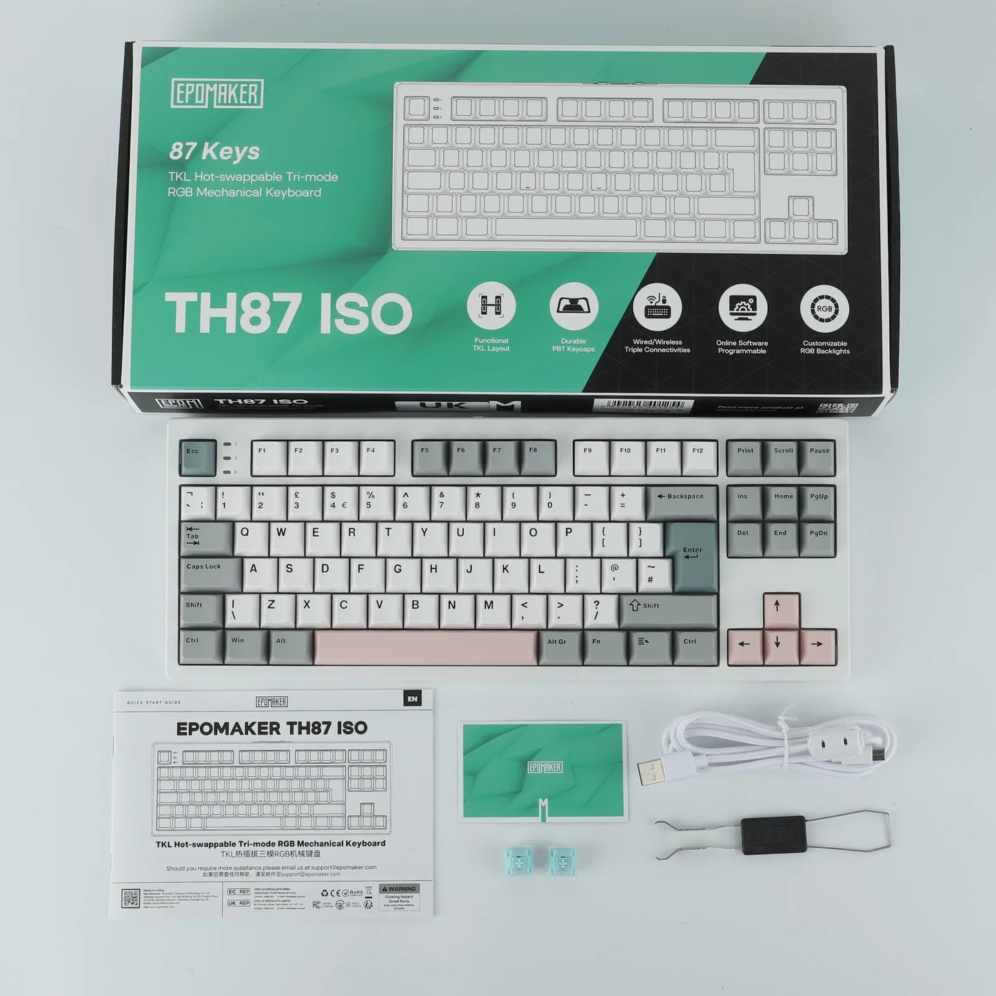 Teclado mecânico EPOMAKER TH87 TKL com layout ISO-UK, ligação com fio/BT/2.4Ghz sem fios, NKRO, bateria de 10000mAh e iluminação RGB