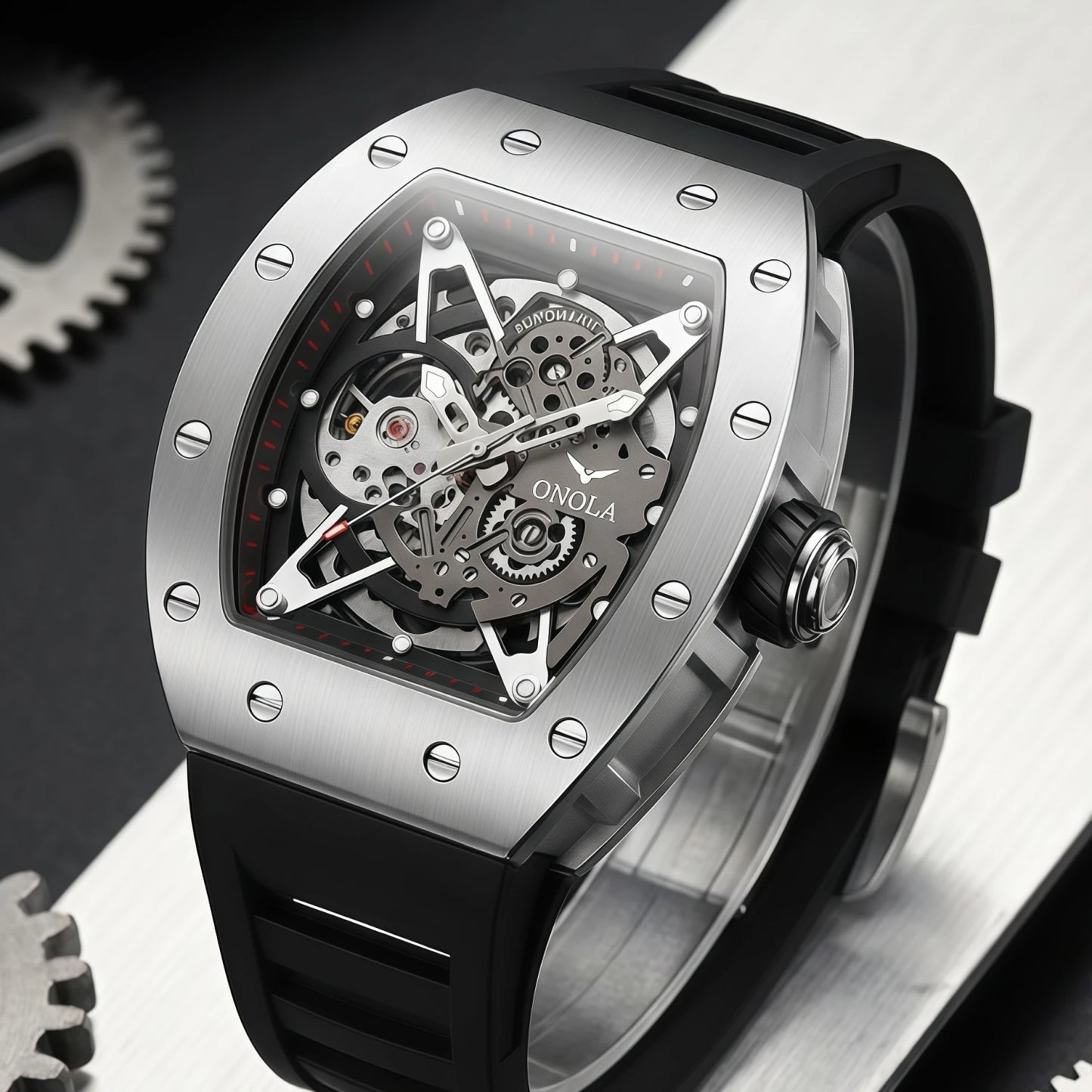 ONOLA Luxury Automatic Watch Men Fashion Hollow Silicone Waterproof Mechanical Watch Men Military Sports Watch Clock