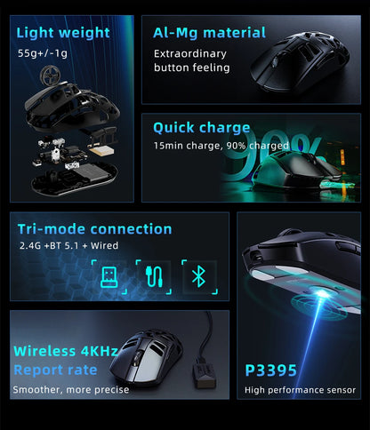 DAREU Al-mg Tri-mode 8Khz PBT trådløs gamingmus med hurtigopladning, PAW3950, 30000 DPI, letvægtsdesign til PC-gamere