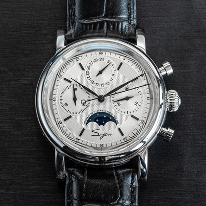 Sugess Men Watch ST1908 Swanneck Movement Mechanical Chronograph Wristwatch Genuine Moonphase Calendar Vintage Leather NEW 2023