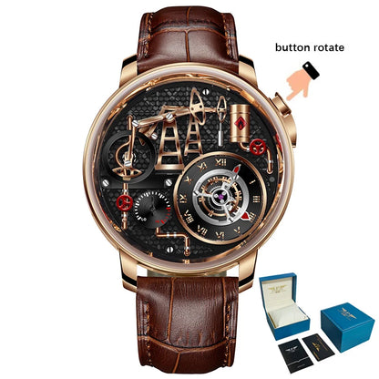 Orologio da uomo PINDU NEW TOP al quarzo con pulsante pompa olio, stile business, 45.5MM, vetro zaffiro, impermeabile, cinturino in pelle