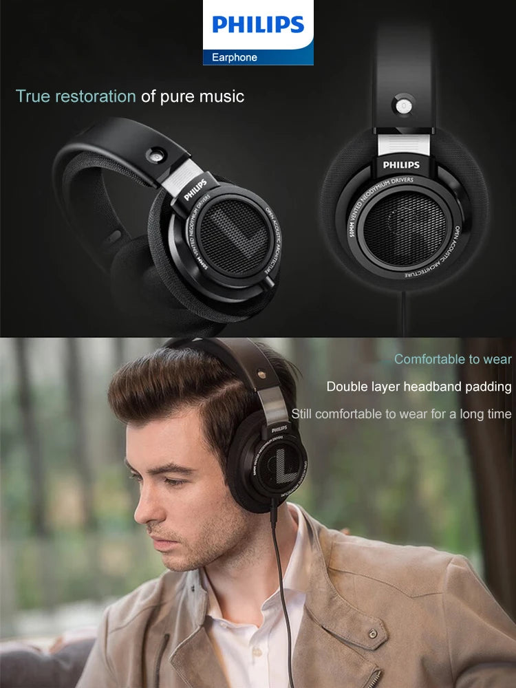Philips SHP9500 HiFi Stereo Wired Headphones, 50mm Dynamic Driver Open-Back Headset for Gaming, Music, Study & Professional Audio