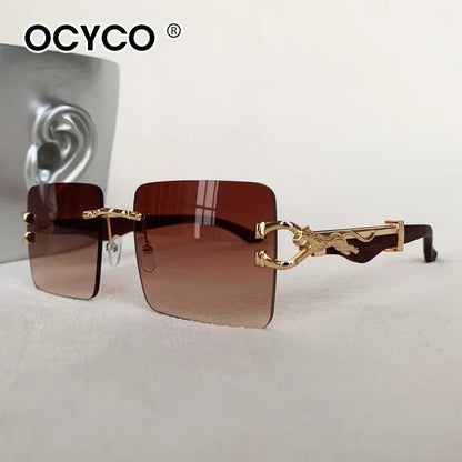 Fashion Rimless Square Sunglasses For Man Leopard Design Gradient Sun Glasses Woman Luxury Outdoor Eyewear UV400