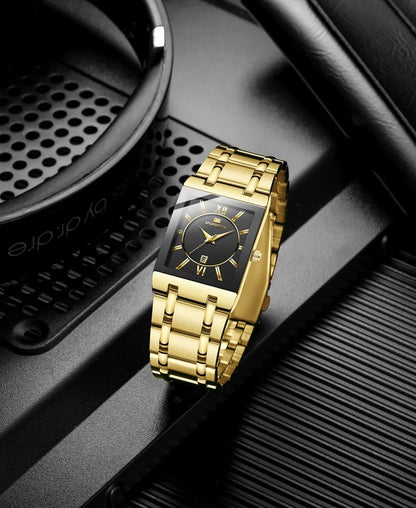 Men Business Watch Simple Design Luxury Fashion Rectangular Black Gold Stainless Steel Calendar Waterproof Quartz Men's Watches
