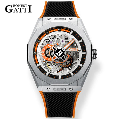 BONEST GATTI BG7601 Men's Automatic Mechanical Watch Sapphire Crystal Waterproof Luminous Rubber Strap Wristwatch