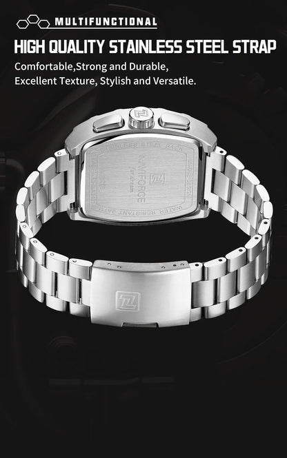NAVIFORCE Luxury Chronograph Quartz Watch for Men Fashion Tonneau Stainless Steel Man Watches Waterproof Luminous WristWatch