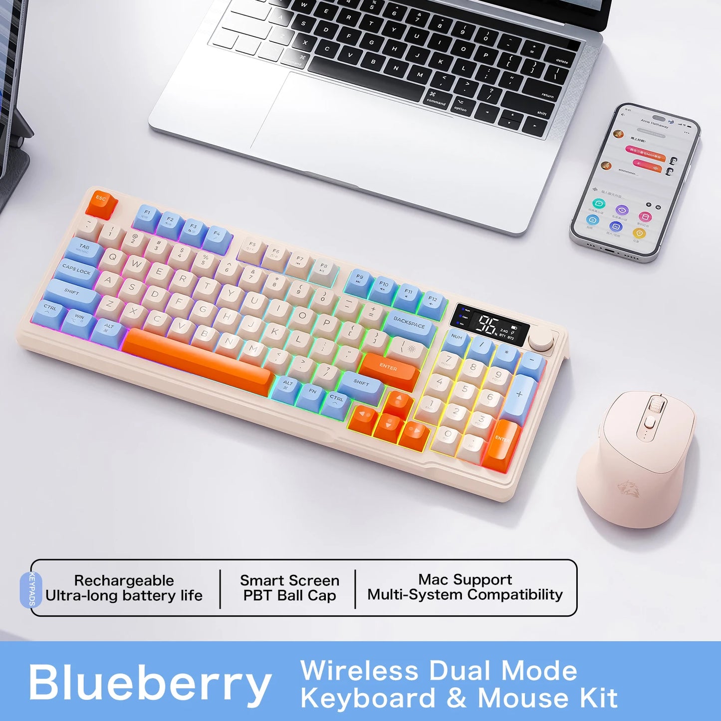 Teclado Bluetooth Sem Fios M96 FREEWOLF com Ecrã Gaming, Ecrã Eletrónico, Ligação a Vários Dispositivos, Ergonomia Gaming