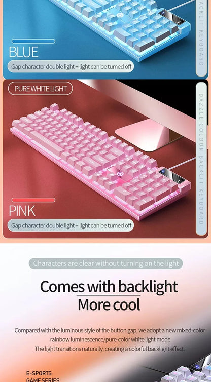 K500 Pink Wired Gaming Keyboard 104 Keys with White Pink Keycaps, USB Full Size Pink Wired Gaming Keyboard for PC, Laptop & Desktop