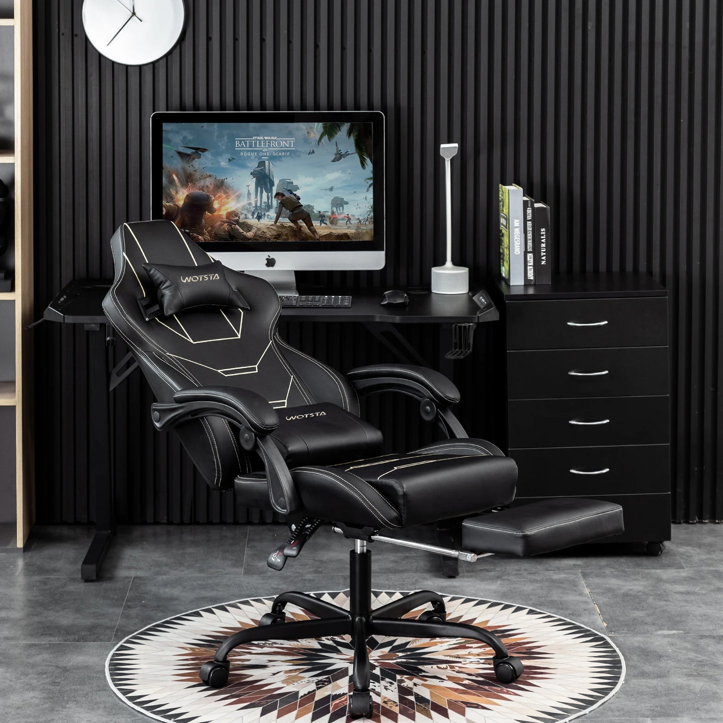 WOTSTA Ergonomic Gaming Chair with Footrest, Racing Computer Chair, Adjustable Height Office Chair with Armrests, Comfortable Leather Gaming Seat