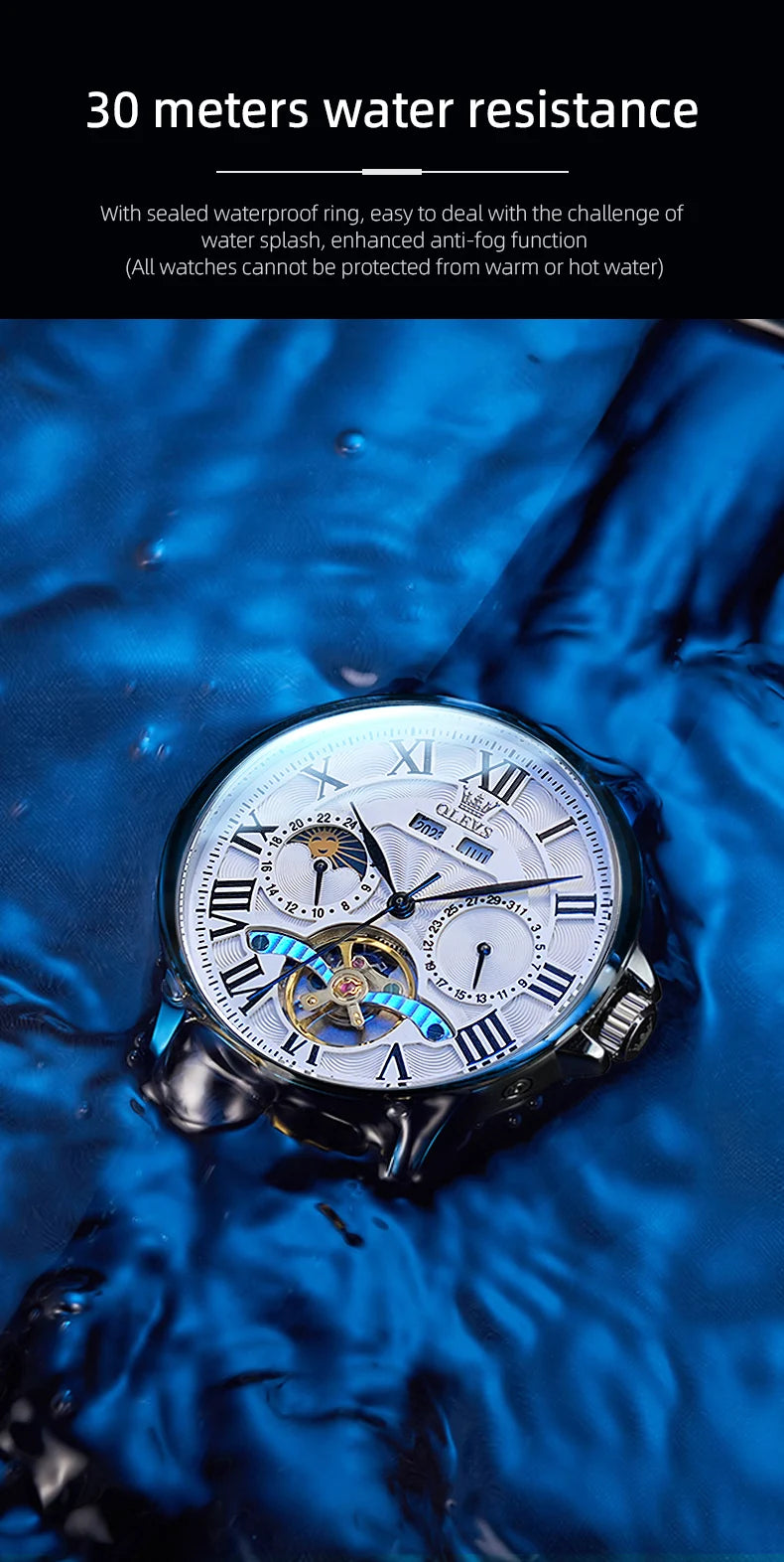OLEVS 7013 Men's Watch Fashion Moon Phase Mechanical Watch For Men Waterproof Roman Scale Hollow Flywheel Automatic Hand Clock