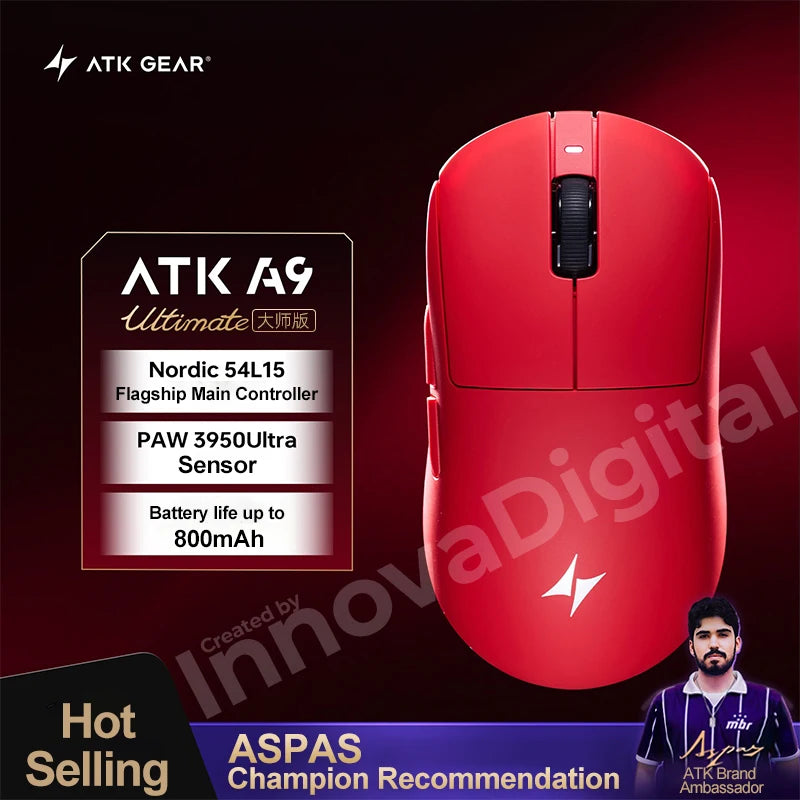 „ATK Dragonfly A9 Ultimate“ belaidė žaidimų pelė, „PAW3950 Ultra 8 kHz“ ergonomiška lengva žaidimų pelė, skirta FPS, e. sportui ir „CSGO“