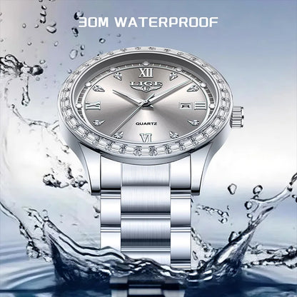 LIGE elegant women's watch Fashion waterproof clock luminous stainless steel business quartz watch for Women reloj de mujer+BOX
