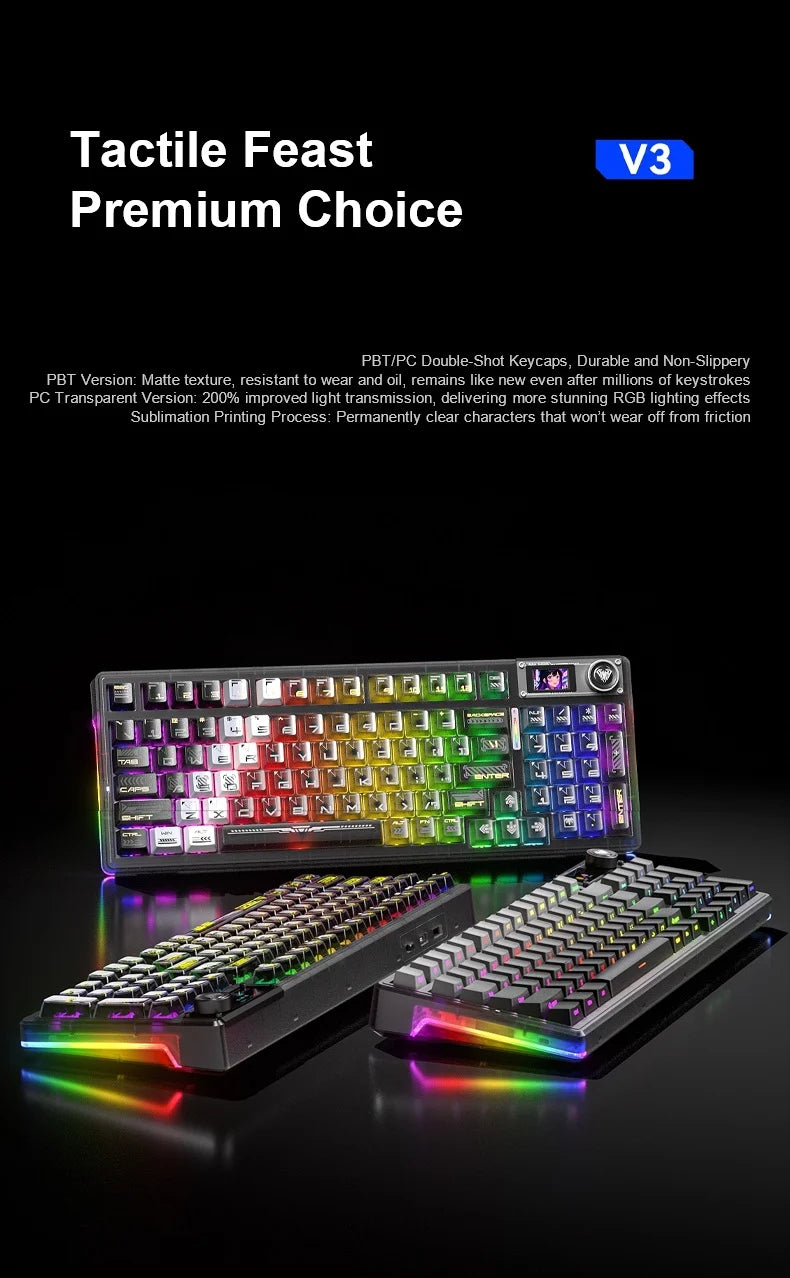 AULA F98Pro V3 Mechanical Keyboard W/ Rotate Button RGB Backlight Screen Tri-Modes Game E-sports Special Carved 95 Keycaps