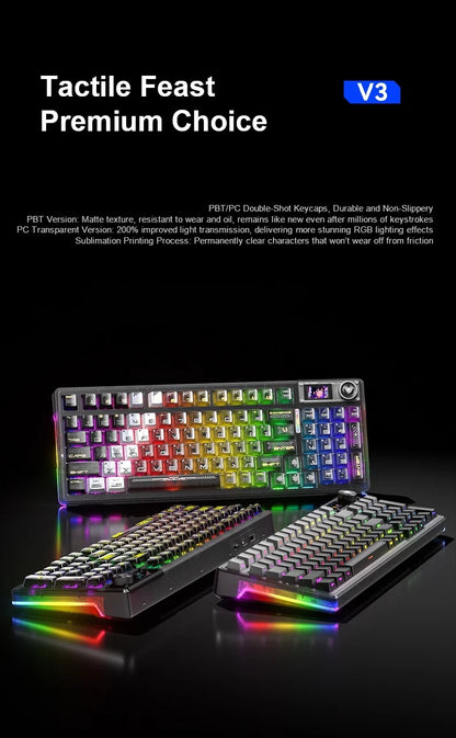 AULA F98Pro V3 Mechanical Keyboard W/ Rotate Button RGB Backlight Screen Tri-Modes Game E-sports Special Carved 95 Keycaps