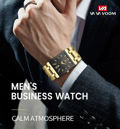 Men Business Watch Simple Design Luxury Fashion Rectangular Black Gold Stainless Steel Calendar Waterproof Quartz Men's Watches