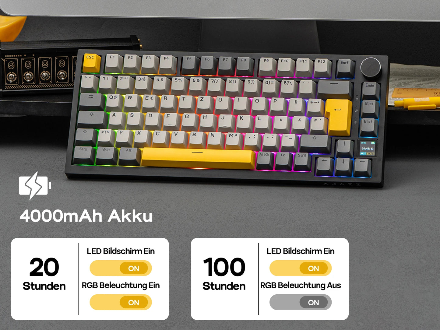 ISO-DE Layout AJAZZ AK820 PRO 75% QWERTZ German Layout Mechanical Keyboard Tri-Modes Wireless Keyboard with TFT Screen NKRO RGB