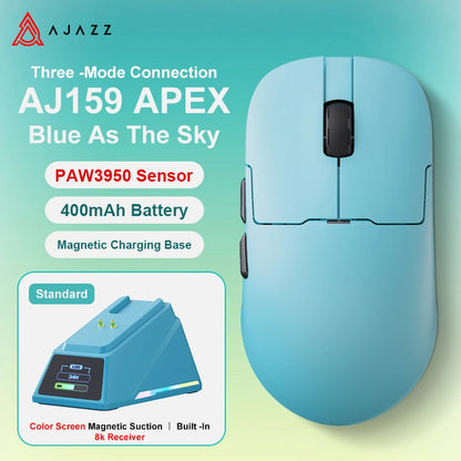 AJAZZ AJ159 APEX belaidė žaidimų pelė, lengva RGB žaidimų pelė su magnetine įkrovimo stovele, „Bluetooth“ ir 2.4GHz, iki 30,000 DPI, skirta stacionariems kompiuteriams ir nešiojamiesiems kompiuteriams