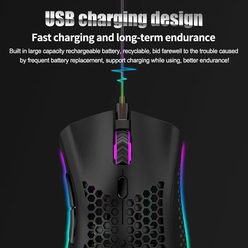 BM600 Wireless Gaming Mouse USB 2.4GHz Rechargeable RGB Wireless Mouse, Ergonomic Honeycomb Optical Mouse for PC, Laptop & Office