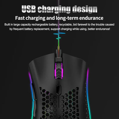 BM600 Wireless Gaming Mouse USB 2.4GHz Rechargeable RGB Wireless Mouse, Ergonomic Honeycomb Optical Mouse for PC, Laptop & Office