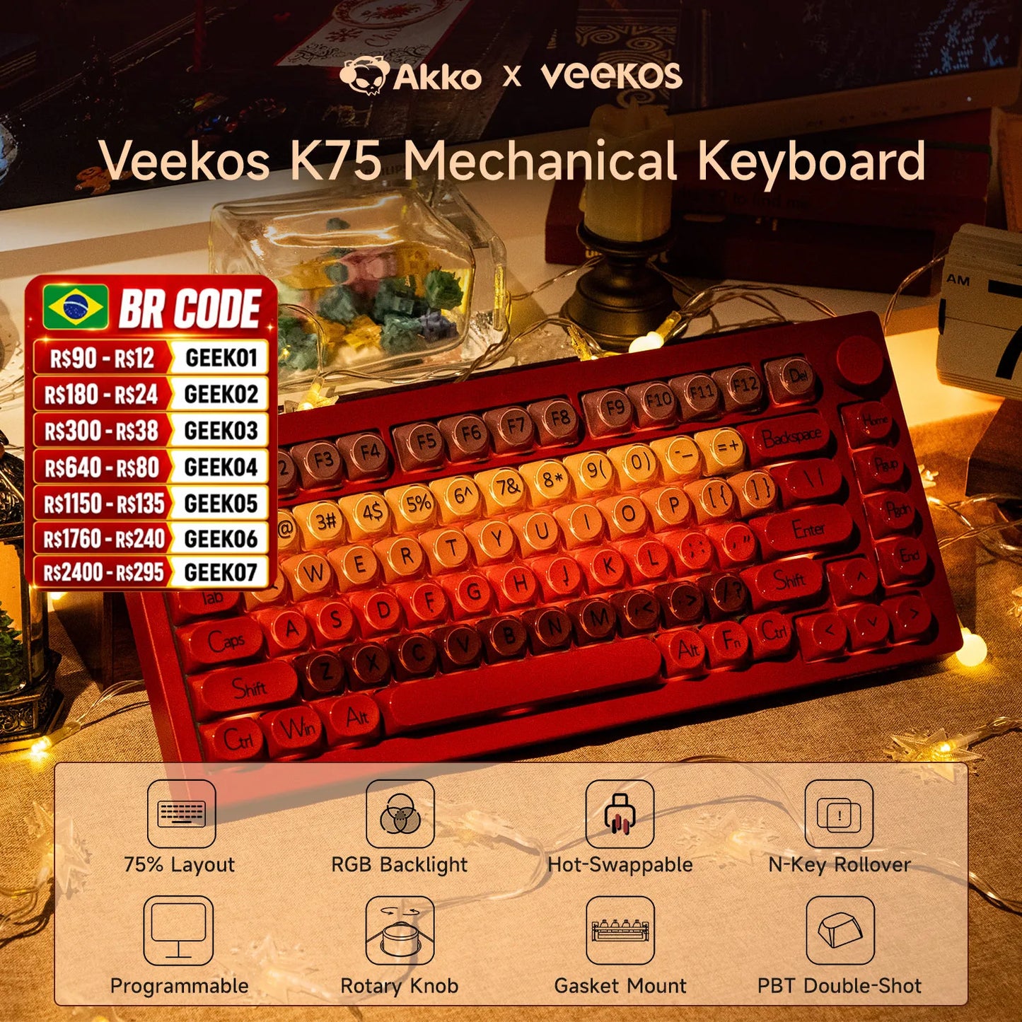 Teclado mecânico gaming AKKO 5075 X Veekos K75, teclado 75% RGB, hot swap 3/5 pinos, com fios, personalizado, com botão rotativo e gasket