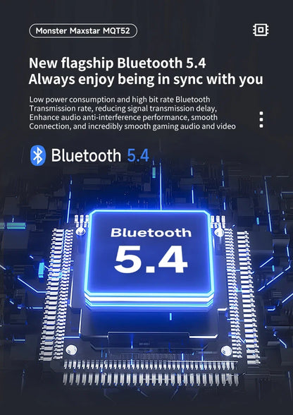 New Monster MQT52 TWS Wireless Gaming Headset Bluetooth 5.4 HIFI Stereo Music Earphones Talking Noise Canceling Earbuds