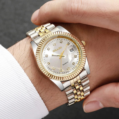 Luxury Men Calendar Quartz Watch  Fashion Rhinestone Steel Men's Business Watches Reloj Hombre Clock Gift（Without Box）