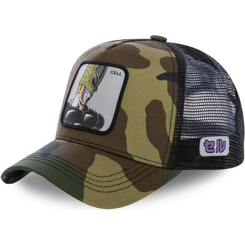 Dragon Ball Buu Goku sapka Nyári utazós csúcsos sapka Férfi hímzett hip-hop stílusú napellenzős állítható trucker hálós sapka