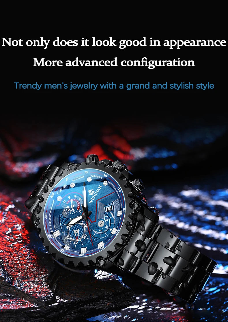 Men's Watch Black Warrior Authentic Trendy Stainless Steel Waterproof Luminous Calendar Male Fashion Quartz Clock Watches Gift