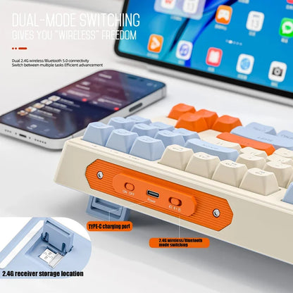 Teclado M87 Sem Fios Bluetooth de Modo Duplo, Sensação Mecânica para Gaming e Escritório, Silencioso, Teclas PBT Ball Cap, Luz Arco-Íris