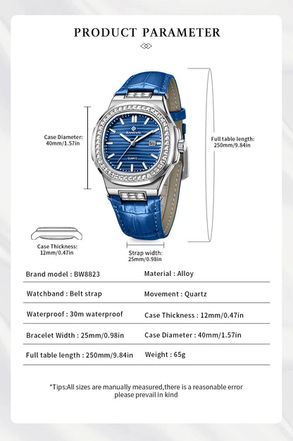 New Fashion BANGWEI Elegant Luxury Quartz Woman Watch Simple Dial Diamond Retro Leather Date Waterproof Luminous Women's Watches