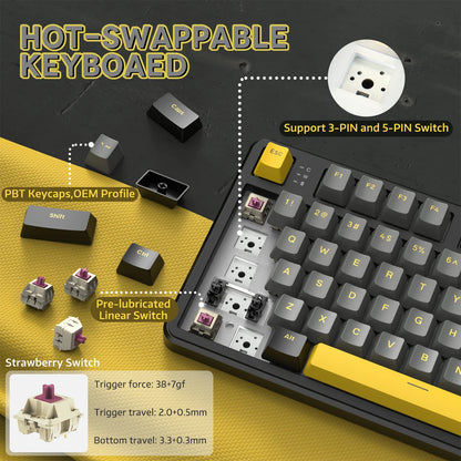ATTACK SHARK X87 Wireless Mechanical Gaming Keyboard, Tri-Mode Bluetooth 5.0/2.4GHz/USB-C Hot Swappable Gasket Mechanical Keyboard with Pre-Lubed Switches