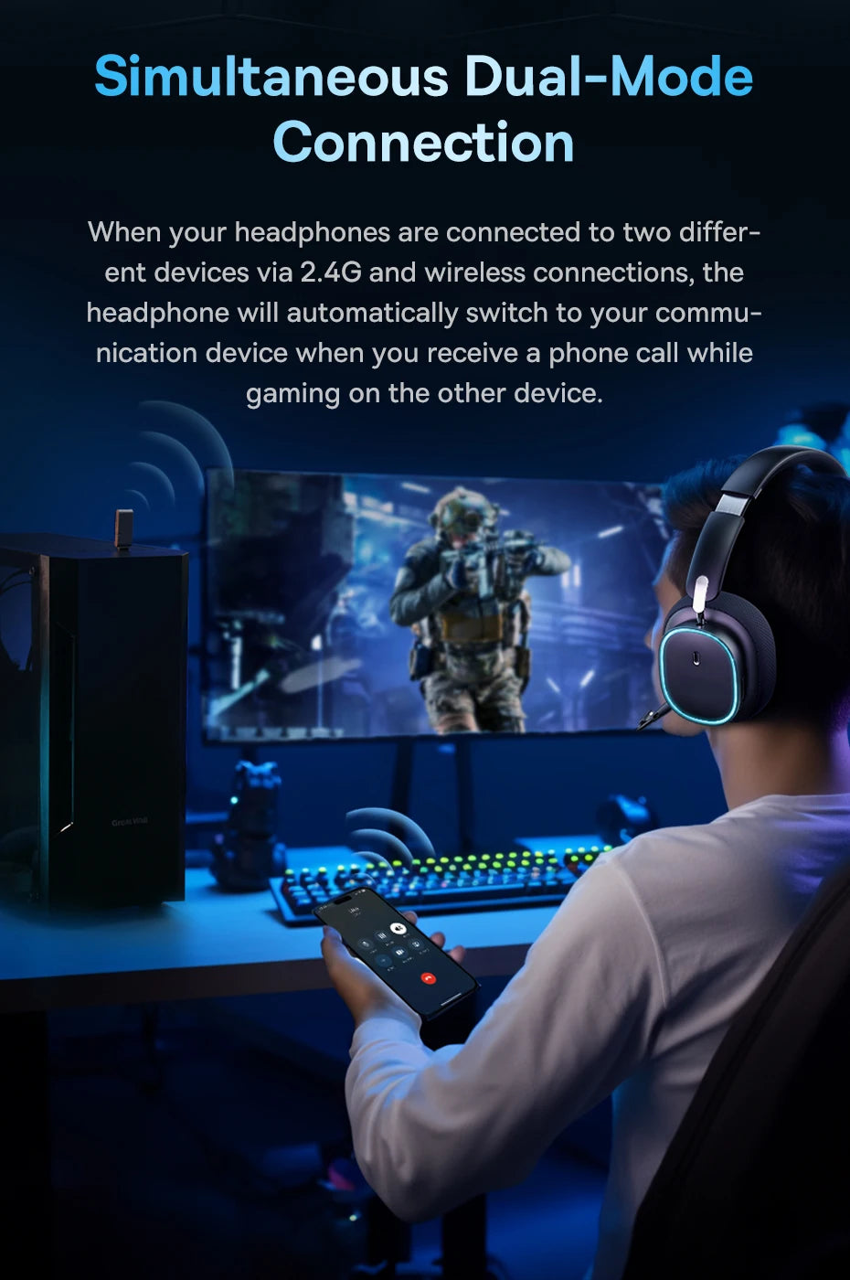 Baseus GH02 Gaming Wireless Headphones Bluetooth 5.3 Over-Ear Headset with Mic, 40mm Driver RGB Gaming Headphones, 2.4G Wireless Low Latency Headset
