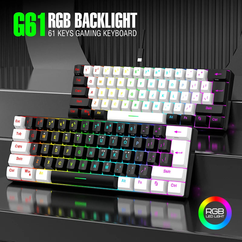 Teclado mecânico com fios de 61 teclas, branco, com switch preto e azul, à prova de água, iluminação RGB, kit para gaming e escritório, PUBG, retroiluminado