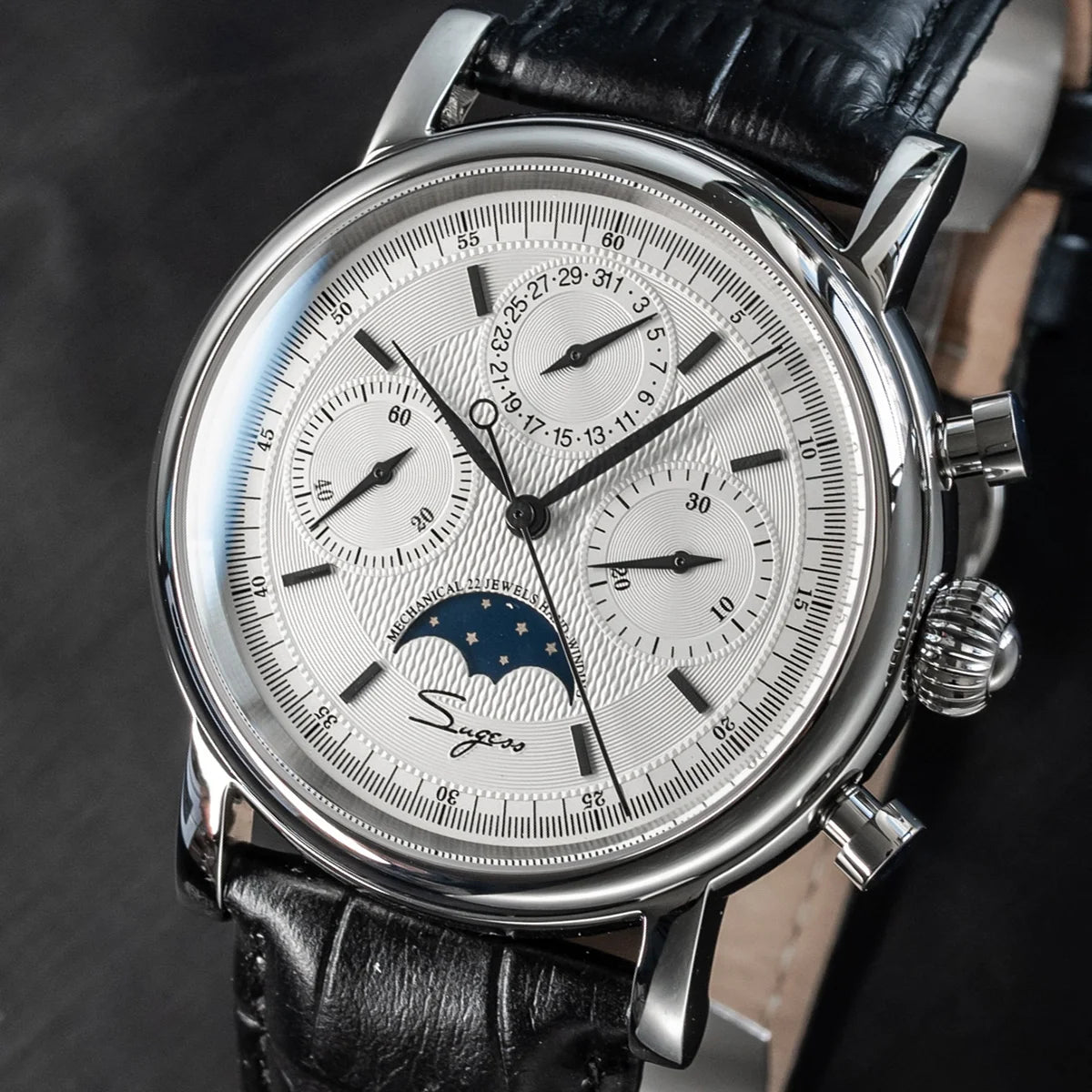 Sugess Men Watch ST1908 Swanneck Movement Mechanical Chronograph Wristwatch Genuine Moonphase Calendar Vintage Leather NEW 2023
