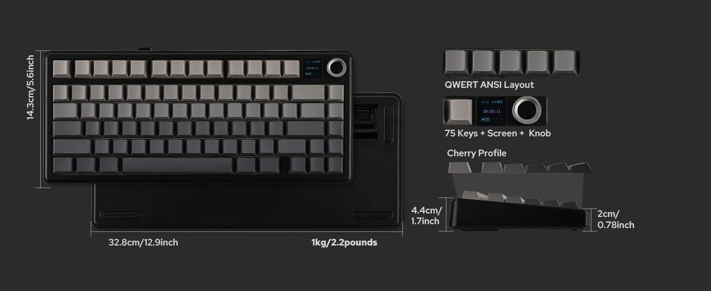 Teclado mecânico sem fios EPOMAKER X AULA F75 MAX Compact 75% ANSI Layout com ligação com fios/Bluetooth/2.4GHz, ecrã TFT e botão rotativo