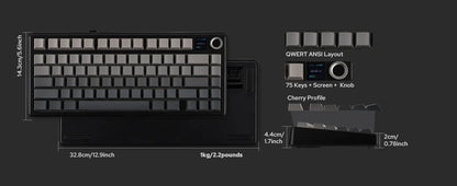 Teclado mecânico sem fios EPOMAKER X AULA F75 MAX Compact 75% ANSI Layout com ligação com fios/Bluetooth/2.4GHz, ecrã TFT e botão rotativo