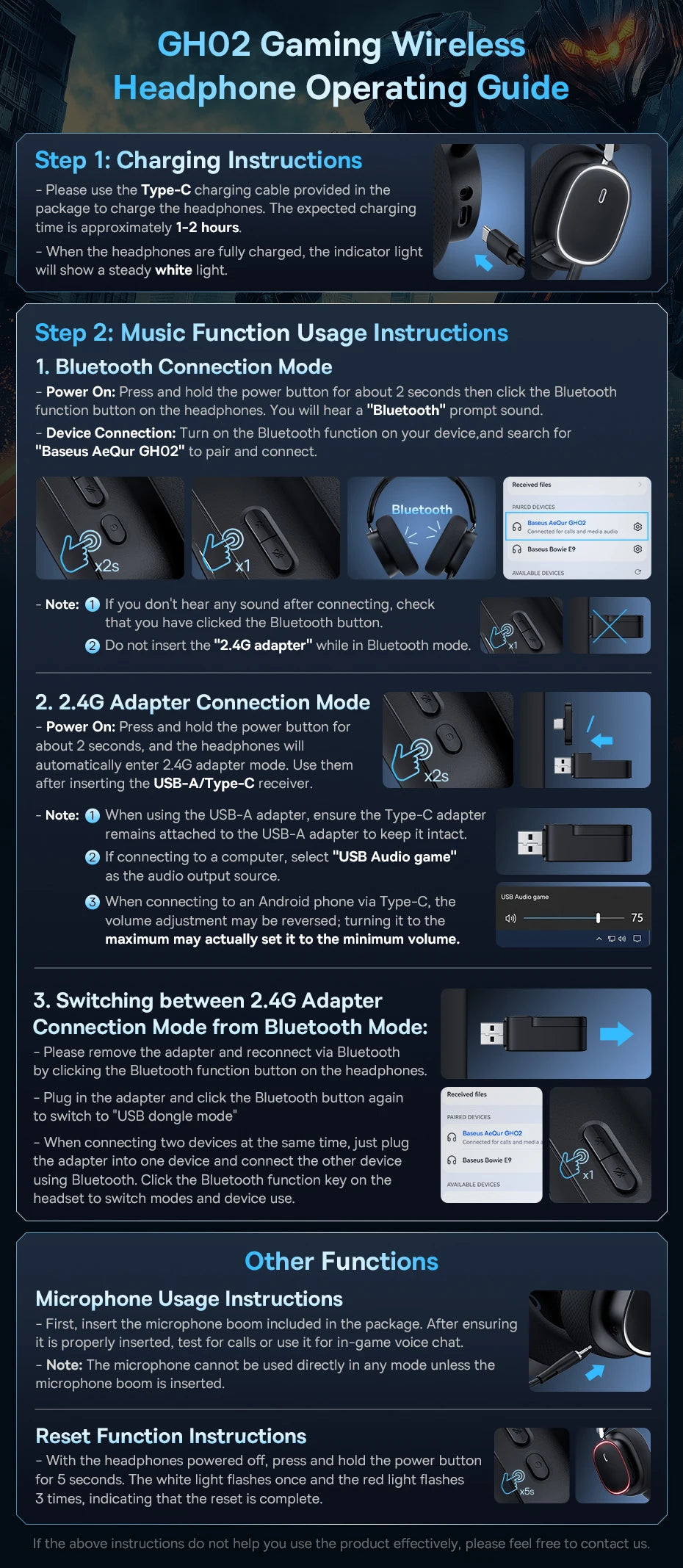 Baseus GH02 Gaming Wireless Headphones Bluetooth 5.3 Over-Ear Headset with Mic, 40mm Driver RGB Gaming Headphones, 2.4G Wireless Low Latency Headset