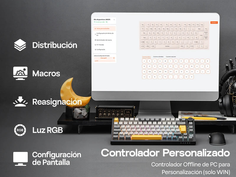 Teclado mecânico ISO-ES EPOMAKER X AJAZZ AK820 PRO 75% com layout espanhol, com fios/2.4GHz/BT, ecrã e botão rotativo para PC/Mac