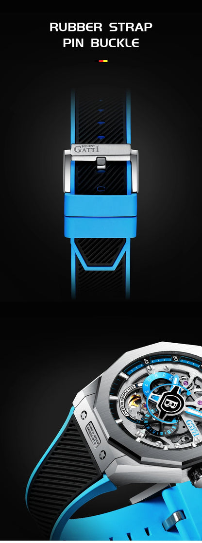 BONEST GATTI BG7601 Men's Automatic Mechanical Watch Sapphire Crystal Waterproof Luminous Rubber Strap Wristwatch