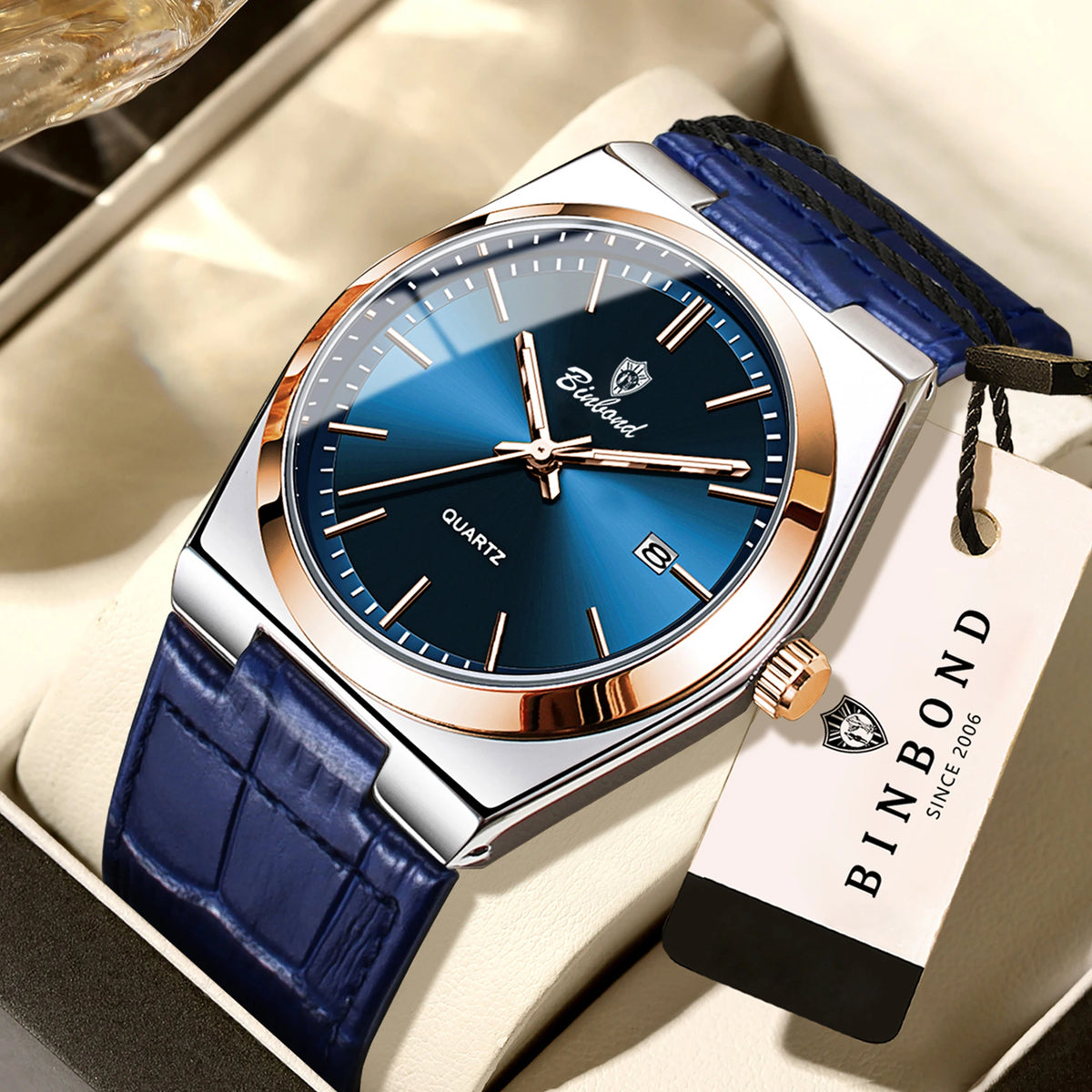 Montre-bracelet à quartz de luxe BINBOND pour homme – Étanche, lumineuse, avec date automatique – Style professionnel, sportif, tendance et décontracté – Bracelet en cuir