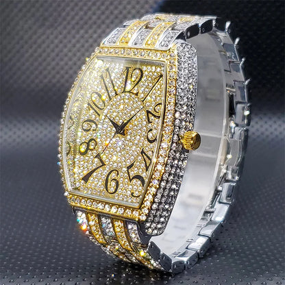 Stainless Steel Men's Watches Luxury Diamond Silver Iced Out Quartz Watch Top Brand 30M Waterproof Big Dial Tonneau Reloj Hombre