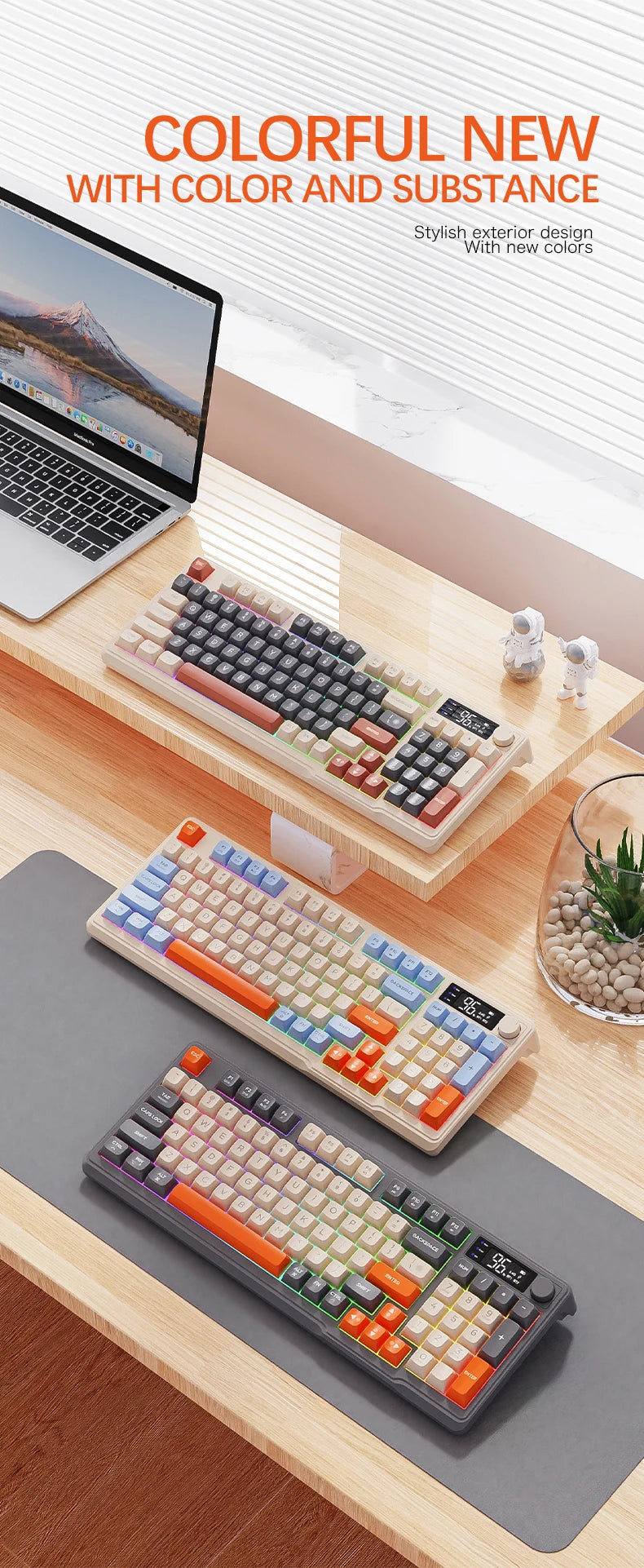 Teclado Bluetooth Sem Fios M96 FREEWOLF com Ecrã Gaming, Ecrã Eletrónico, Ligação a Vários Dispositivos, Ergonomia Gaming