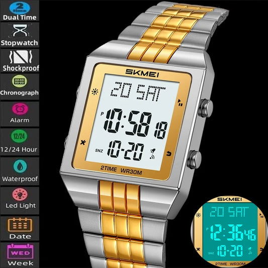 Skmei Luxury Digital Watches for Mens LED Waterproof Date Week Display Chronograph Fashion Dual Time Zones Bracelet Steel Watch