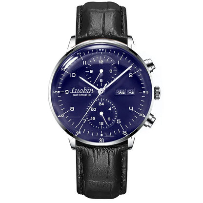 Mens Business Watch Mechanical Movement Multifunction Chronograph Stainless Steel Waterproof Automatic Calendar Sapphire