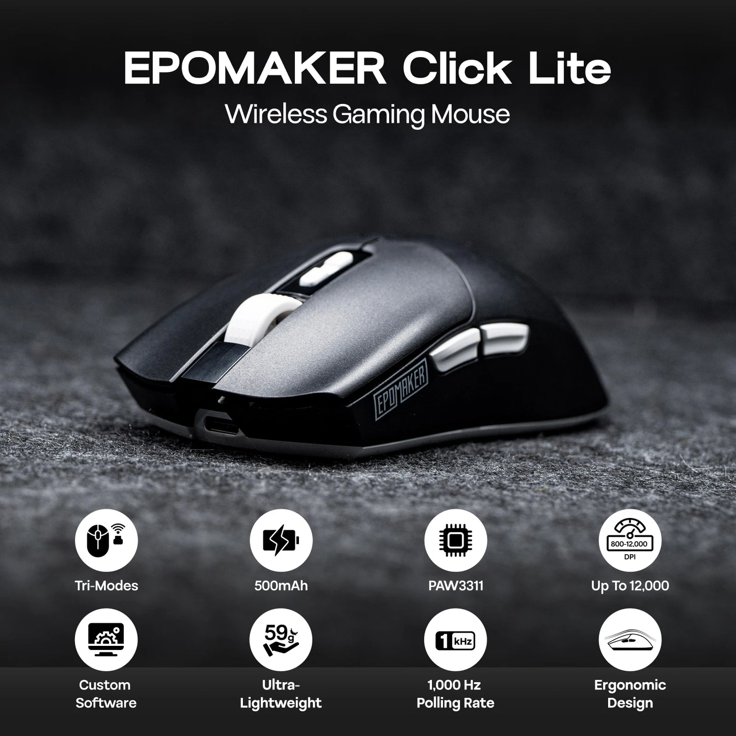 EPOMAKER Click Lite kabelgebundene/BT/2.4GHz kabellose Gaming-Maus mit PAW3311-Sensor, 800 bis 24000 DPI und 500mAh Akku für PC/Mac/Linux