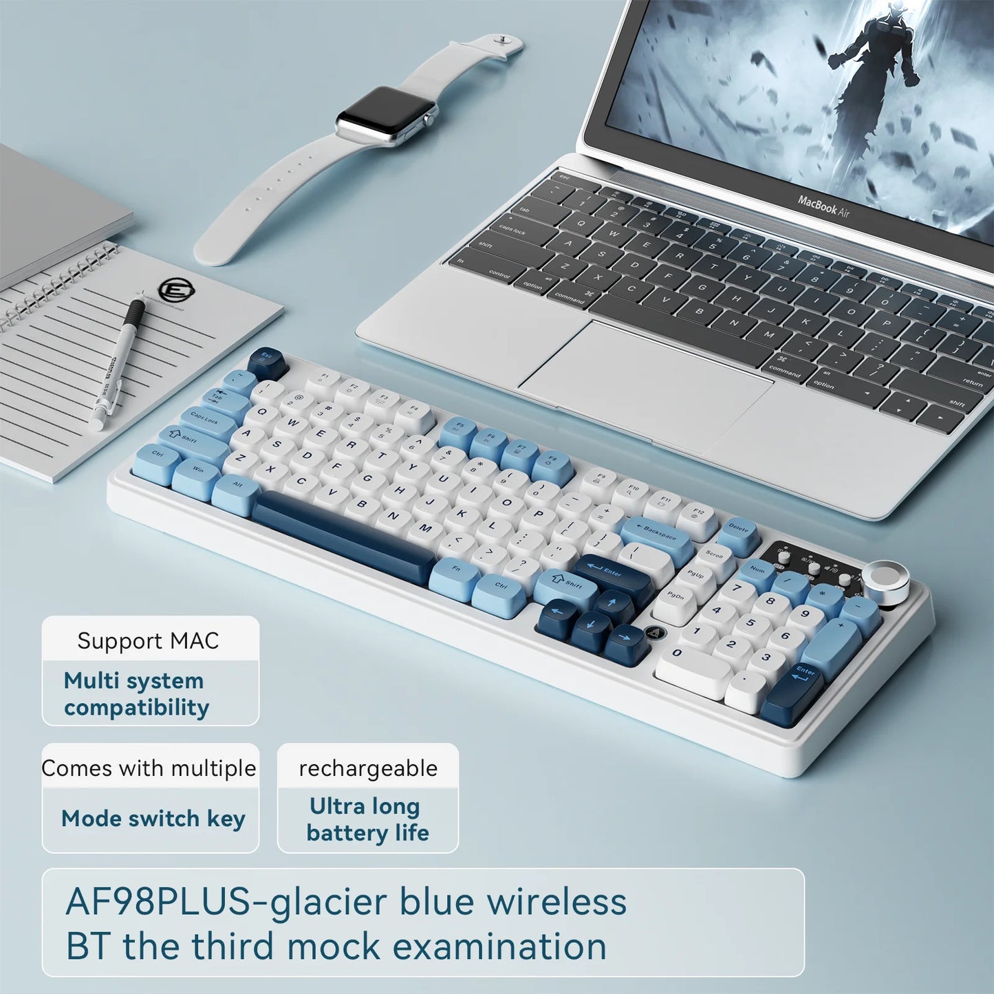 Teclado AJAZZ AF98 com/sem fios, sensação mecânica, para escritório, bateria de longa duração, três modos, iluminação mista RGB, teclas em ABS, ergonómico