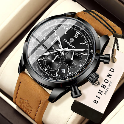 Robuust en nauwkeurig BINBOND-kwartschronograafhorloge voor heren, luxe, met automatische datum, verlicht en waterdicht, casual stijl.